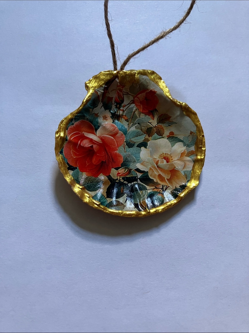 Handcrafted Floral Shell Ornament 3inch Decoupage Gold Metallic